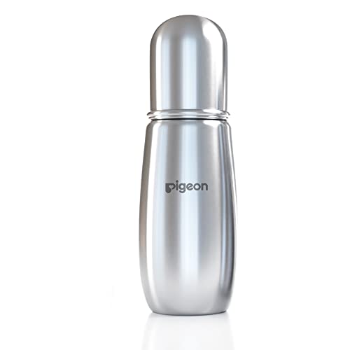 Image of Pigeon Steel Baby Feeding Bottle for Kids, Made of Stainless Steel, Ergonomic Handle, Anti Colic Nipple Slim Neck Steel Feeding Bottle 220ml-L Size