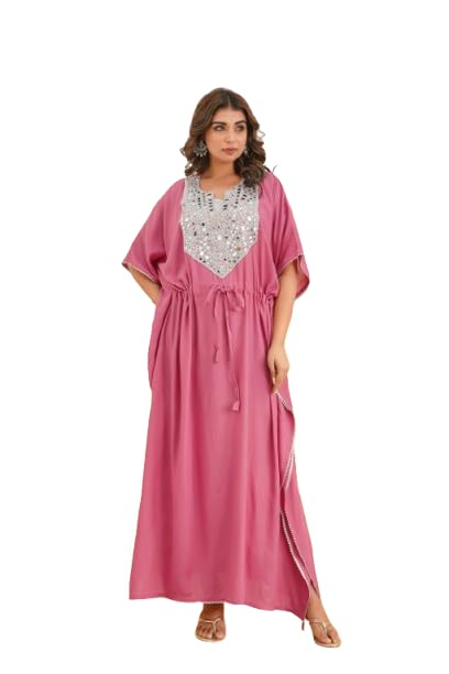 (Peach) Elegant Mirror Work Kaftan for Women with Designer Neck & Adjustable Waist |Ethnic Wear.-image-19