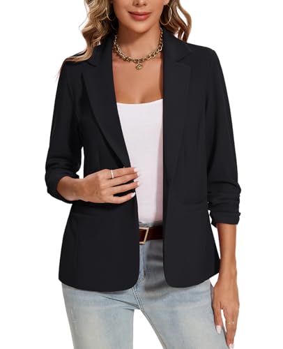 MINTLIMIT Womens Blazer Button Front Notched Lapel Suit Jacket Blazer Lightweight 3/4 Ruched Sleeve Blazer Jacket Elegant Business Formal,Black,XL