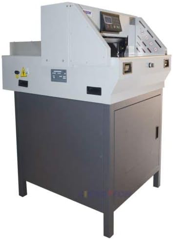 Side view of the Electric Stack Paper Cutter, showing the depth and overall footprint.