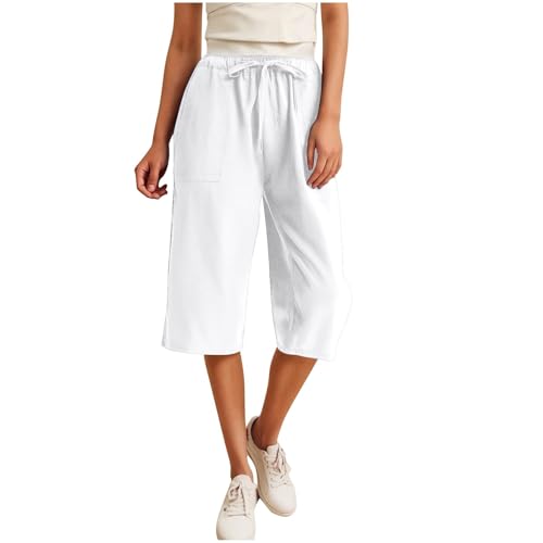 Womens Capri Pants Summer Wide Leg High Waisted Workout Yoga Pants Drawstring Casual Cropped Trousers with Pockets(White,Large)