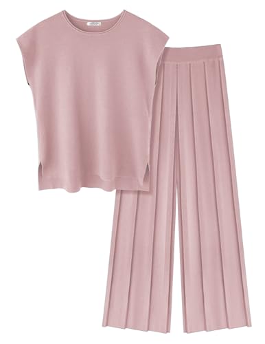 Image of Ekouaer Lounge Sets for Women Two Piece Outfits Knit Cap Sleeve Tops Wide Leg Pleated Pants Casual Dressy Sweater Sets