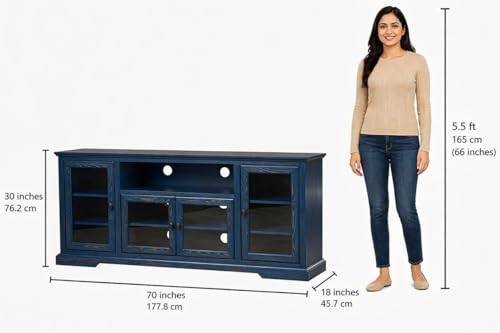 Image of Sheesham Solid Wood TV Cabinet for Living Room | Handcrafted Wooden TV Unit with Storage | Elegant Entertainment Stand for Modern Homes (Glass Tv Cabinet, Rustic Blue)