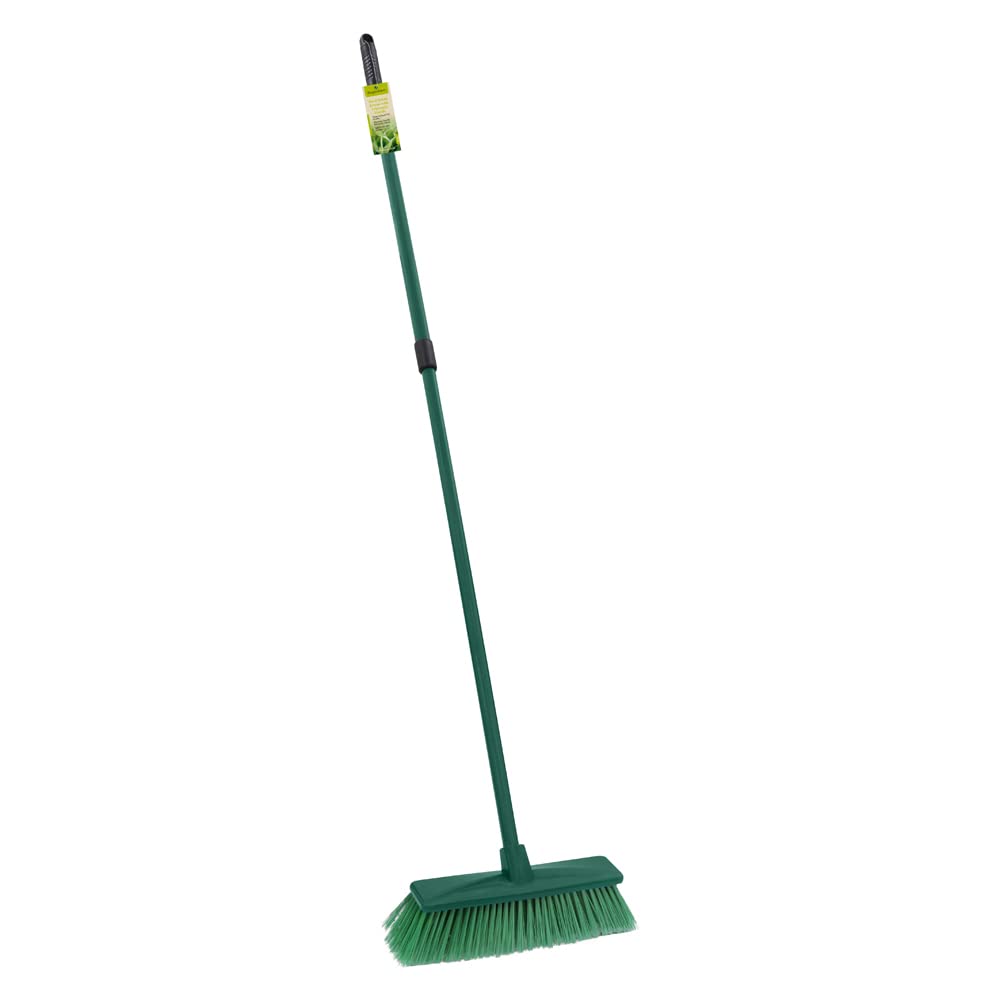 JVL Outdoor Hard Bristle Broom with Telescopic Handle Garden Sweeper Yard -Green
