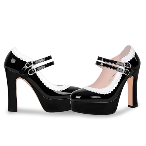Women's Ankle Strap Plafrom Mary Janes Pumps Block High Heels Double Buckle Patent Leather Dress Shoes3