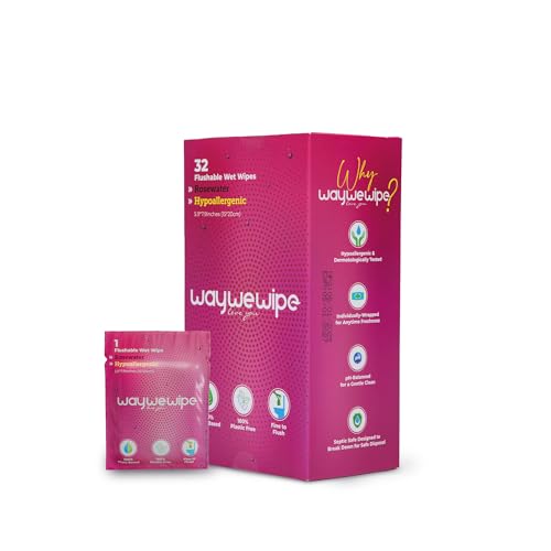 Waywewipe On-The-Go Flushable Feminine Wet Wipes, 32 Count XL Individually Wrapped Female Wipes, Hypoallergenic 100% Plant Based Septic Safe, Travel Size Adult Cleansing Cloth for Women, Rosewater