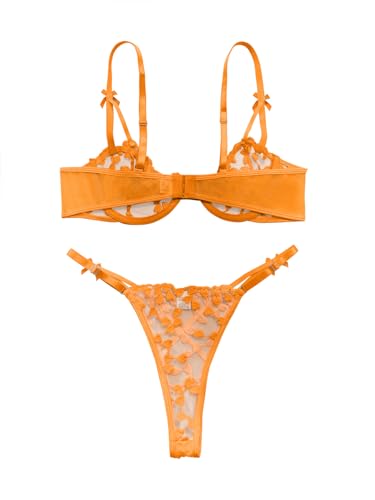 Image of Lilosy Sexy Underwire Cute Push Up Strappy Embroidered Mesh Sheer Lingerie Set See Through Panty Bra