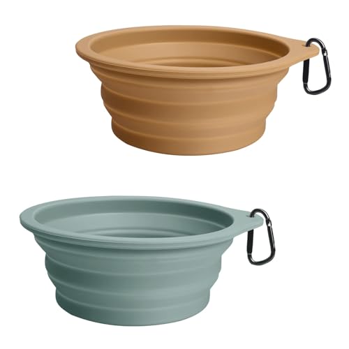 Image of PetBonus 2-Pack Large Silicone Collapsible Dog Bowls, 34oz /1000ml BPA Free Portable Foldable Travel Bowl for Pet Cat, Food Water Feeding Dish for Camping with 2 Carabiners (Turquoise, Tan)
