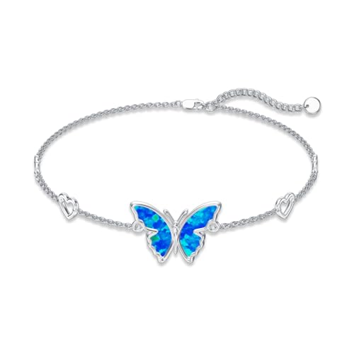 Image of WINNICACA 925 Sterling Silver Anklets for Women Adjustable Beaded Butterfly Opal Anklet Bracelet Foot Chains Jewelry Gifts for Women Beach Birthday Christmas Gift