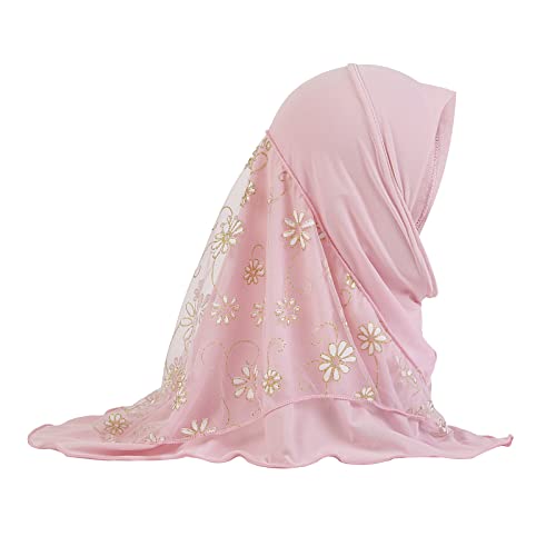 Girls Ice Silk Muslim Khimar Hijab Headscarf Flower Arab Scarf Shawls Neck Wrap Islamic Head Wrap for Age 2-7 Years