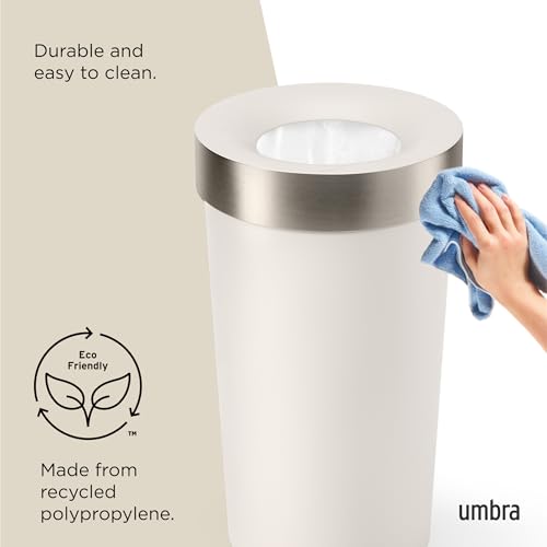 Image of Umbra Vento Kitchen Trash Can, Open Top Bin, 16.5 Gallon, Sand /Nickel | Brushed metal accents, bag concealing design, easy wipe clean, fits home and office, durable plastic