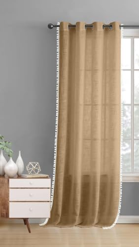Image of THE LINEN COMPANY Cotton Sheer Curtain with Pom Pom Lace Border Transparent Net Curtain Eyelet Light Filtering Window Door Living Room Curtain Beige 7.5 Ft Pack of 1