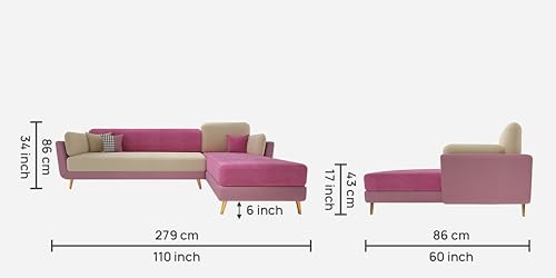 Image of Sixpine Luxury Dual Color Upholstery Lounger LHS Sofa in Premium Velvet | Solid Wood Structure | Sturdy Golden Legs | High Density Foam | Extra Comfort for Modern Living Room (Pink & Beige, 5 Seater)