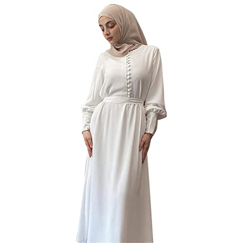 Women's Solid Muslim One-Piece Prayer Dress Muslim Abaya Dress Islamic Maxi Abaya Kaftan with Hijab Full Length Dress White