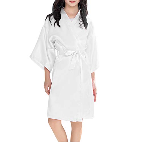 Girls Satin R𝐨be Silky Kimono R𝐨be Set Flower Girl R𝐨be Dressing Gown for Wedding Spa R𝐨bes (White, 2-3 Years)