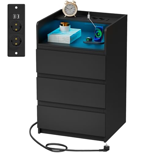 ANWBROAD Table de Chevet avec Prise,Table de Lit avec Bande Lumineuse LED,3 Tiroirs,1 Compartiment,Table de Chevet Moderne,Table d'appoint,Table de Canapé...