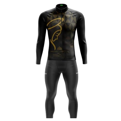 Conjunto de Ciclismo Masculino Camisa Manga Longa Nossa Senhora Preto e Dourado + Calça Acolchoada F