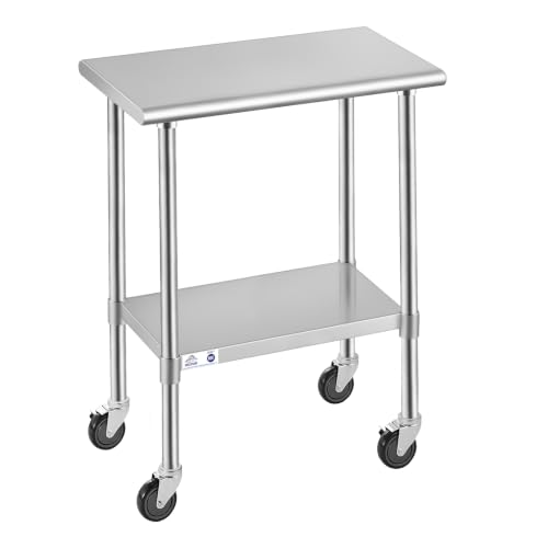 Image of ROCKPOINT Stainless Steel Table for Prep & Work with Caster Wheels 18x30 Inches, NSF Metal Commercial Kitchen Heavy Duty Table with Adjustable Under Shelf and Table Foot for Restaurant, Home and Hotel