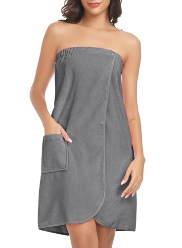 Lovasy Robe Serviette de Bain Femme Peignoir Enveloppant Grande Serviette de Spa avec Boutons Réglables Paréo de Bain Douce Léger Kilt de Sauna avec...
