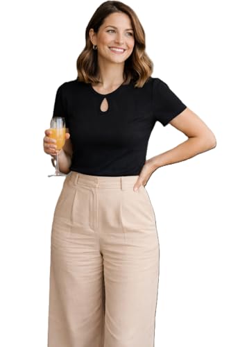 Image of Women's Stylish Ribbed Knit Short Sleeve V-Neck Keyhole Top(1827)