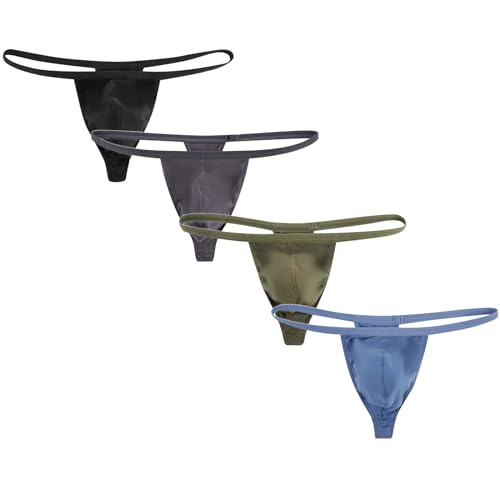 4 Pack Men's Thongs and G-string Mens Ice Silk Sexy Low-Waist Thongs Underwear Pouch T-back Briefs