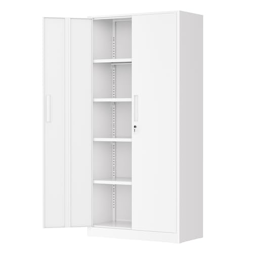 Image of Greenvelly Metal Storage Cabinet, 72 inch Locking Metal Garage Storage Cabinet with Doors and 4 Adjustable Shelves, White Lockable Steel Cabinet for Home Office, Garage, Shop, School (32 inch W x 16 inch D)