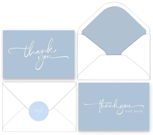 Image of 120 Classy Light Blue Thank You Cards Bulk- professional Thank U Greeting Notes, Blank Inside with matching Brown Kraft Envelopes & Stickers Perfect for Wedding, Business,Graduation & Much More.
