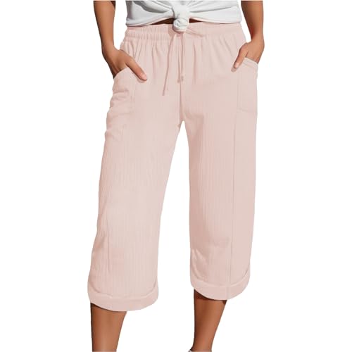 Pantalones de lino para mujer, pantalones de muselina 3/4, ligeros, de secado rápido, transpirables, pantalones casuales sueltos, elásticos, pierna recta, cómodos, pantalones de tela para negocios