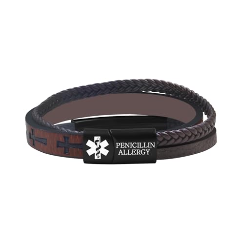 Zircobic Pulsera de Alerta Médica Estilo Religioso Alergia a la Penicilina – Grabada Láser, Acero Inoxidable y Cuero Trenzado con Cruz de Fe, Ligera y Duradera Para Uso Diario