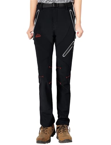 Rdruko Softshellhose Damen Winter Skihose Wasserdicht Thermohose Gefüttert Warm Winterhos Outdoorhose Wanderhose Trekkinghose mit Taschen (Rein Schwarz, L)