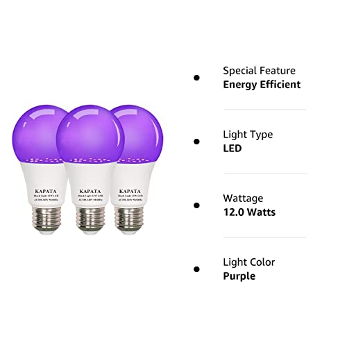 Kapata A19 Led Black Light Bulb 12W ( 100 Watt Equivalent ) E26 Blacklight Bulb Level 395-400Nm , Glow In The Dark Party For Body Paint , Fluorescent Poster , Blacklights Party , 3-Pack #TOP6