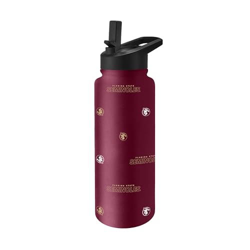 Image of Logo Brands NCAA Florida State Seminoles Step & Repeat 34 oz Stainless Steel Quencher Bottle - All Over Logo Design, No-Spill Lid, Easy Carry Handle - Keeps Drinks Cold For Hours