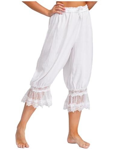 Women Lace Trim Long Bloomers Elastic Waist Drawstring Loose Harem Pants Medieval3