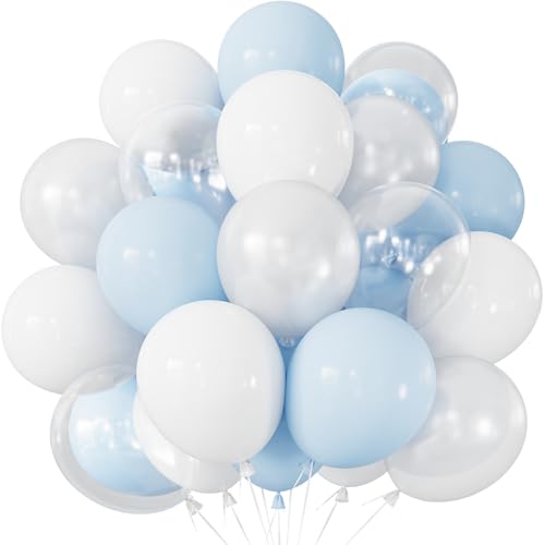 Adeyoo Pastel Blue and White Balloons 50PCS Baby Blue Pearl White & Clear Latex Balloons for Baby Shower Birthday & Bridal Shower Party Decorations Photo Backdrop