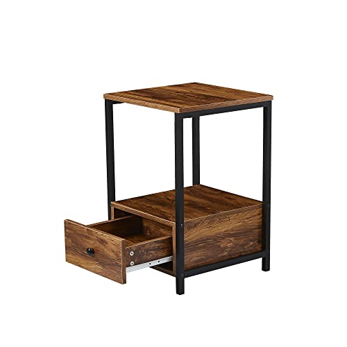 MateDesk - Mesita de Noche con cajonera de Madera, Mesa Auxiliar para Salon, mesilla de Noche Estilo Industrial o Rústico, Muebles Vintage. Medidas: 40x40x60 cm