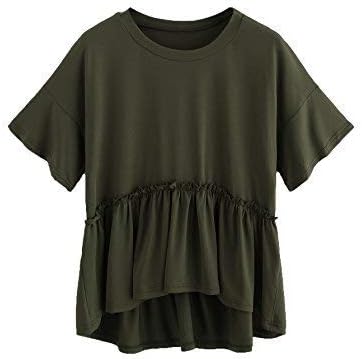 ROMWE Women's Loose Ruffle Hem Short Sleeve High Low Peplum Blouse Top Army Green M