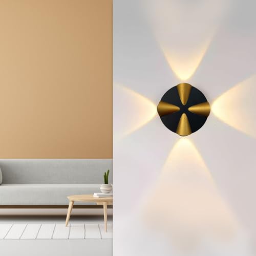 Image of GIGAWATTS 4W Wall Light BIS Approved 4 Way COB LED IP65 Waterproof Exterior Indoor Mount Fixture Black Gold Up Down Sconce Lamp for Home Balcony Living Room Bedroom Decor (1Pc, Warm White)