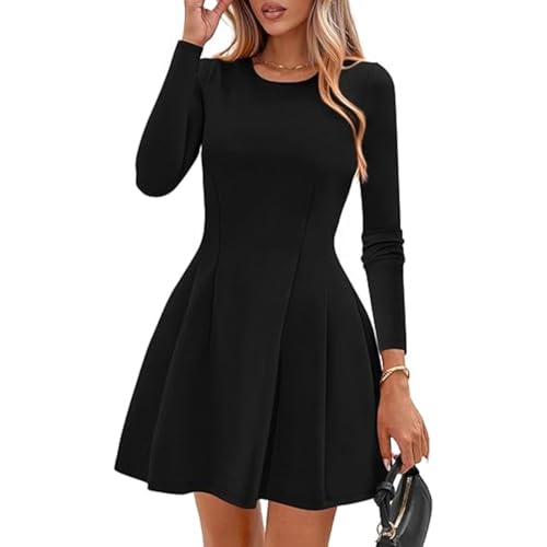 Hanaoops Damen Kleider Elegant Langarm Rundhals Partykleid Cocktailkleid Sexy Bodycon A-Line Minikleid Einfarbig Hohe Taille Eng Kurz Festliches Kleid...