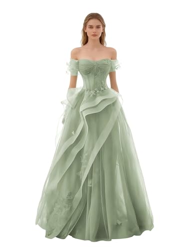 KNCERY Off Shoulder Prom Dress 2026 Elegant Sage Green Laces Appliques Ball Gown for Women Size2