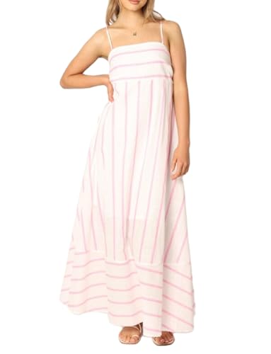 Image of NUFIWI Women Summer Striped Maxi Dress Spaghetti Strap Cutout Ruffle Long Dress Flowy Swing Beach Vocation Dress