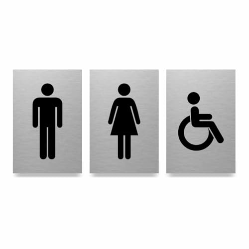 Toilet Door Sign 3 Pack – Slimline Aluminium – 100 x 150mm – Ladies, Gents & Accessible Symbols – Self-Adhesive Washroom Sign Set