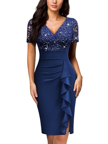 Image of Miusol Women's V Neck Sequin Lace Ruffle Cocktail Party Dress | Deep v-neck, glitter sequin Lace, ruffle design, bodycon dress for cocktail, wedding, evening and semi-formal event