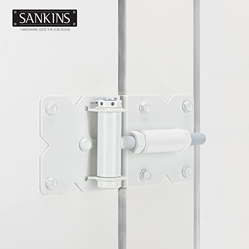 Image of Self Closing Gate Hinges Heavy Duty Hardware Hinges for Wooden /Vinyl /PVC Fences, 90 Degree Adjustable Gate Hinge with Installation Screws and Swing Adjuster Tool, 2 Pack /Set, White | Heavy duty gate hinges fence hinges for Wooden /Vinyl /PVC Fences, with installation screws and swing adjuster tool, white