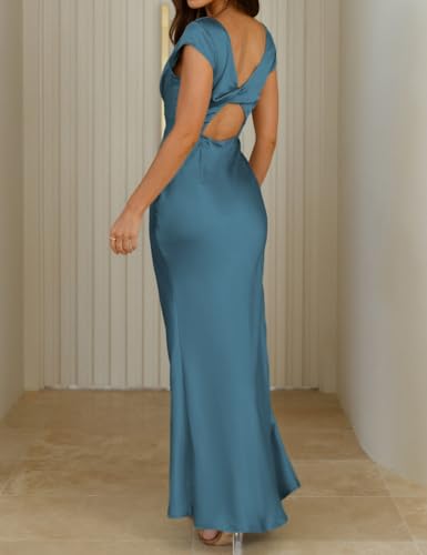Image of Halfisland Womens Summer Satin V Neck Cap Sleeve Midi Dress Wedding Guest | 2026 Summer,Backless,Hollow Out,Long,Formal,Cocktail,Twist,Bridesmaid,Party,Baby Shower,Short Sleeve,Beach,Elegant,Evening