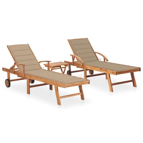 SKM Tumbonas con Mesa y cojín 2 Unidades Madera Maciza de Teca,Mobiliario,Muebles de jardín,Asientos de Exterior,Tumbonas,Beige,44.17 kg,3073174