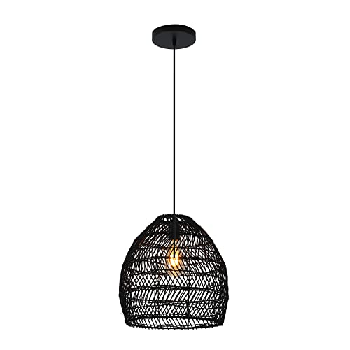 Aeyee Bamboo Pendant Light Fixture Boho Style 1 Lights Rattan Pendant Lamp Woven Hanging Light for Kitchen Island Nursery in Black(13.7" W)