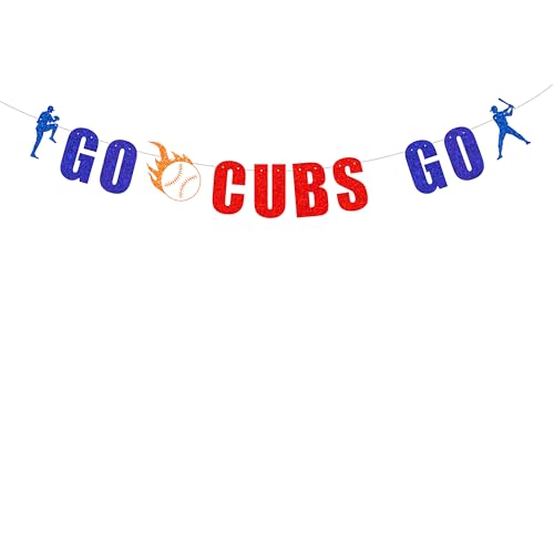 Pre Strung Go Cubs Go Banner -Chicago Cubs party decor, Baseball team party，Celebration Baseball Game Day Party Decorations banner Blue and Red Glitter