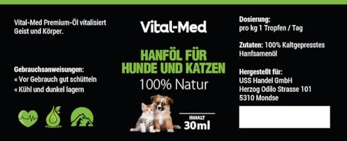 Vital-Med - hochdosiertes Hanfsamenöl für Hunde & Katzen - 30ML (750 Tropfen) - 25mg pro Tropfen - Premium Vital Hanfsamenöl - 100% Natur - Hanftropfen mit Omega 3-6-9 (Neutral)