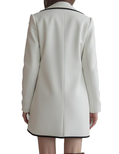 White Double-Breasted Coat for Women with Black Trim, Chic Long Blazer Jacket, Loose Fit Outerwear for fall, Winter2