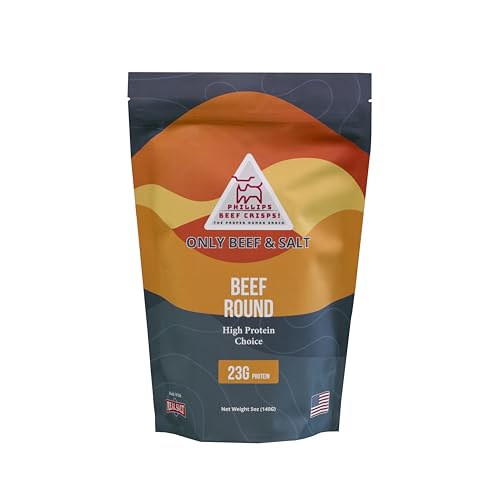 Phillips Beef Crisps - Round - Only Beef & Salt - Zero Carbs - Zero Sugar - High Protein Meat Snacks - 23g Protein